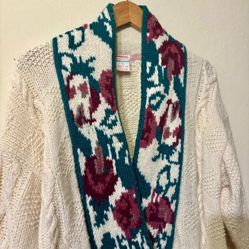 Vintage Lady Foot Locker Knitted Cream Floral Sweater Cable Knit Cardigan LARGE - Picture 3 of 10